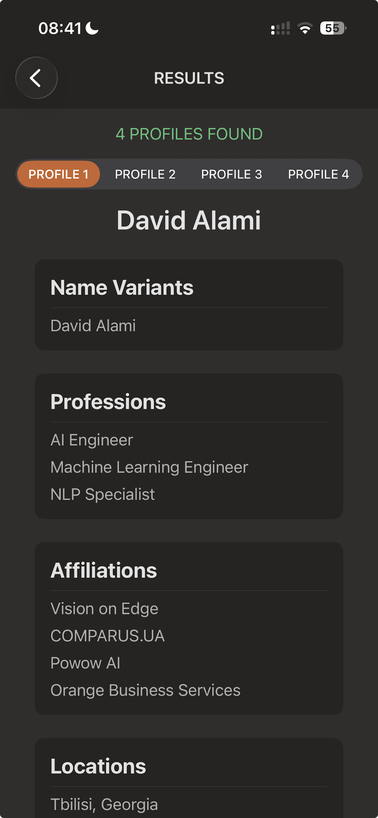 Professional profiles view